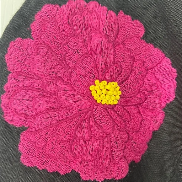 Elegant Black Blouse with Vibrant Pink Floral Design - Picture 3 of 8